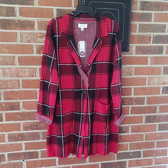 Elle Red and Black Plaid Sweater Coat Size XL (1179) - Picture 1 of 9